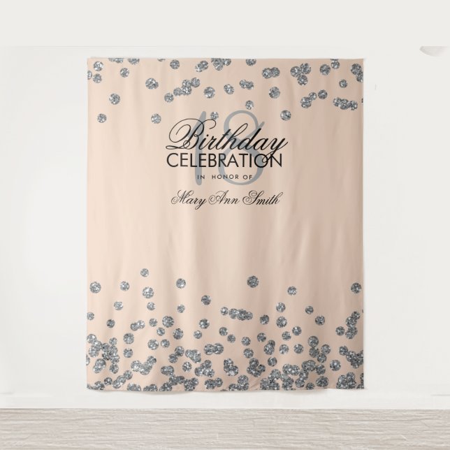 Tapiz Fondo de 18 cumpleaños con confeti rosa y plata (Anverso)