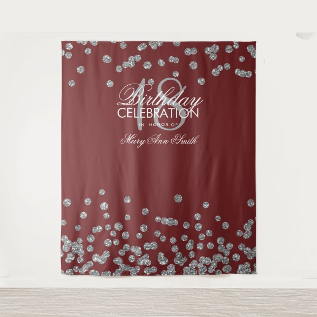 Tapiz Fondo de 18 cumpleaños confeti plateado burdeos (Anverso)