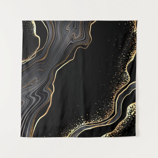 Tapiz fondo de agate negro abstracto con venas doradas, (Anverso)