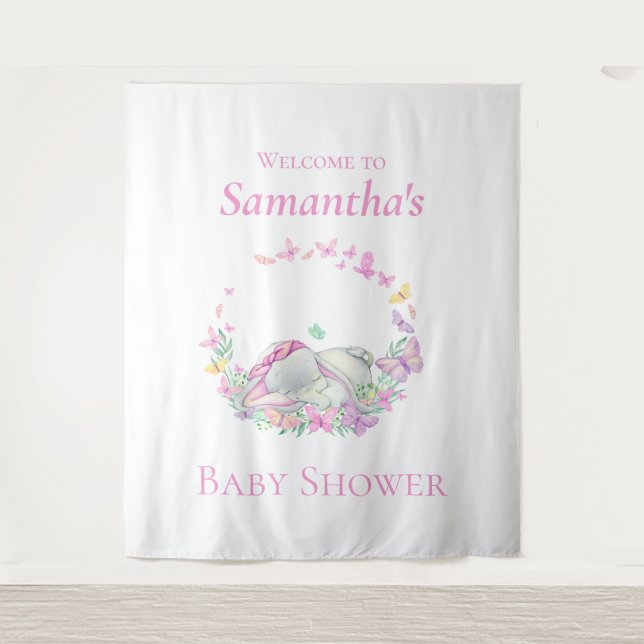 Tapiz Fondo de Baby Shower Elephant Butterflies (Anverso)