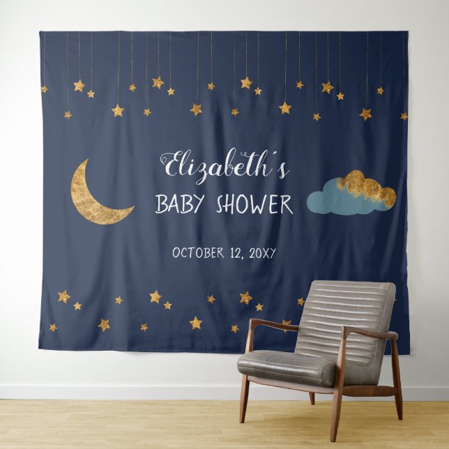 Tapiz Fondo de Baby Shower Navy Blue and Golden Stars (In situ (horizontal))