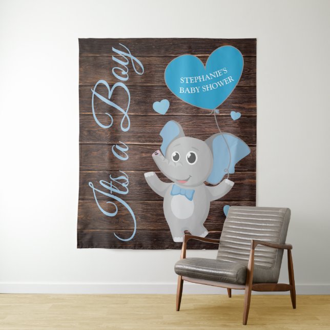 Tapiz Fondo de Baby Shower Rustic Blue Boy Elephant (In situ)