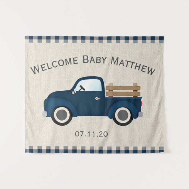 Tapiz Fondo de Baby Shower Rustic Blue Truck Boy (Anverso (horizontal))