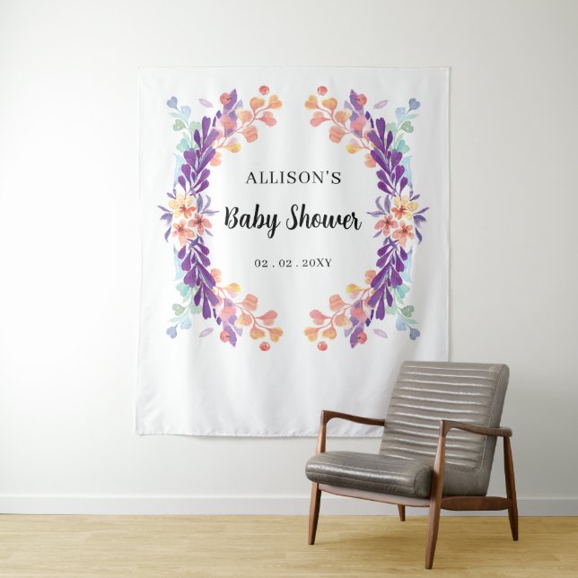 Tapiz Fondo de Baby Shower rústico morado floral (In situ)