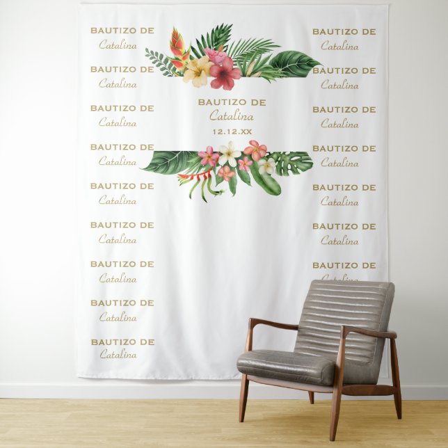 Tapiz Fondo de Bautizo con Estampado Floral Tropical (In situ)