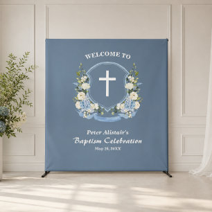 Tapiz Fondo de Bautizo Cruz Floral Crest Azul Polvorient