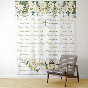 Tapiz Fondo de Bautizo Dorado con Floral Blanco Paso y R