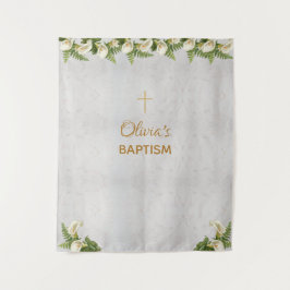 Tapiz Fondo de Bautizo Mármol Cruz Dorada Calas Lilios