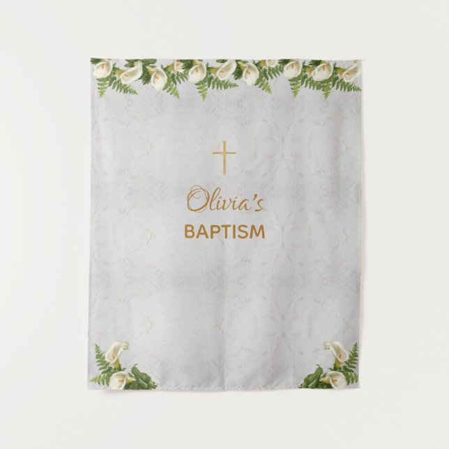 Tapiz Fondo de Bautizo Mármol Cruz Dorada Calas Lirios (Anverso)