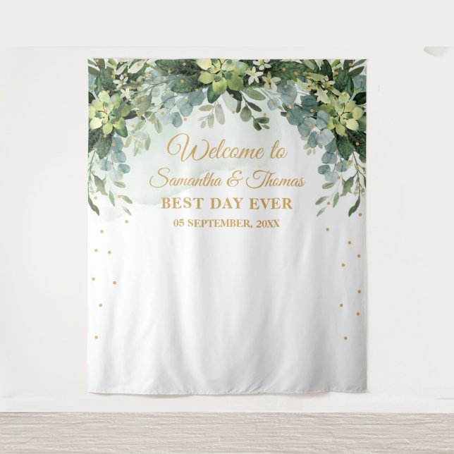 Tapiz Fondo de boda bohemio boho verde suculento (Anverso)