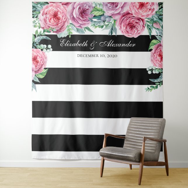 Tapiz Fondo de boda boho. Fondo de flores rosadas (In situ)