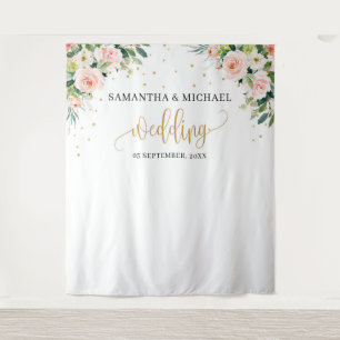 Tapiz Fondo de boda boho rosa floral dorado verde rubor