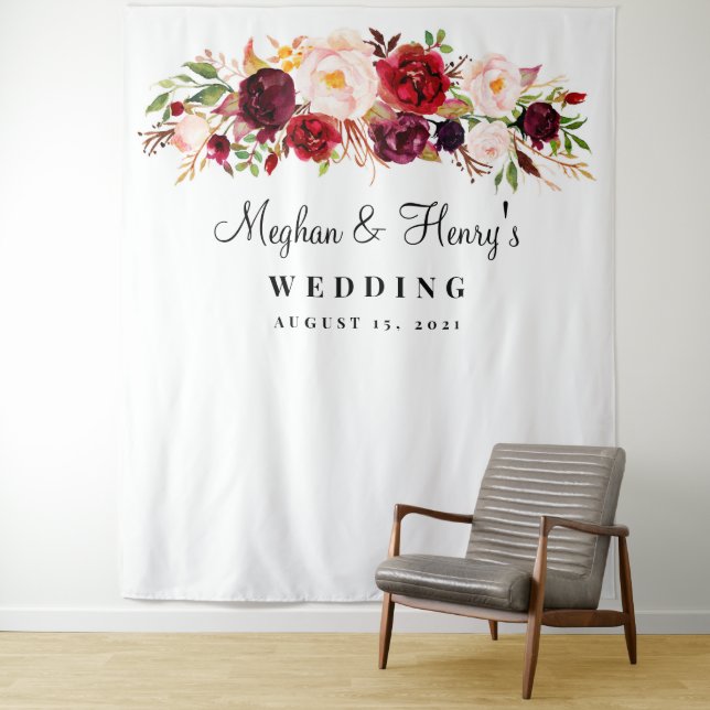 Tapiz Fondo de boda Borgoña, accesorio de cabina de foto (In situ)