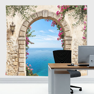 Tapiz Fondo de boda con vista al océano y arco mediterrá