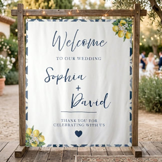 Tapiz Fondo de boda de azulejo azul limón mediterráneo