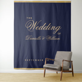 Tapiz Fondo de boda de caligrafía con guión dorado azul 