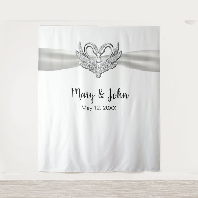 Tapiz Fondo de boda de cisnes de plata de cinta blanca (Anverso)