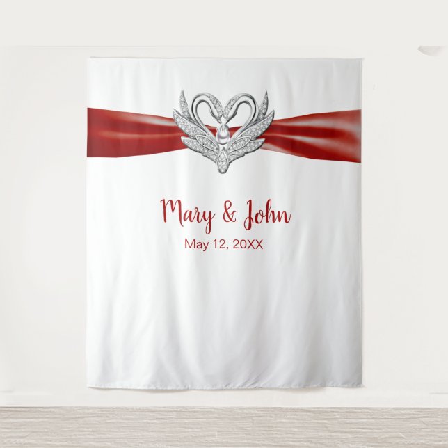 Tapiz Fondo de boda de cisnes de plata de cinta roja (Anverso)