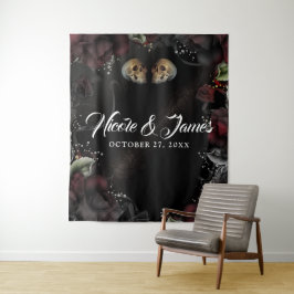 Tapiz Fondo de boda de cráneos góticos rosas rojas y neg