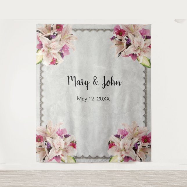 Tapiz Fondo de boda de mármol floral Lirio Blanco (Anverso)