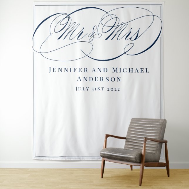 Tapiz Fondo de boda de Mr & Mrs Navy Blanco Caligrafía (In situ)