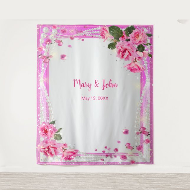 Tapiz Fondo de Boda de Rosas Rosadas y Perlas (Anverso)