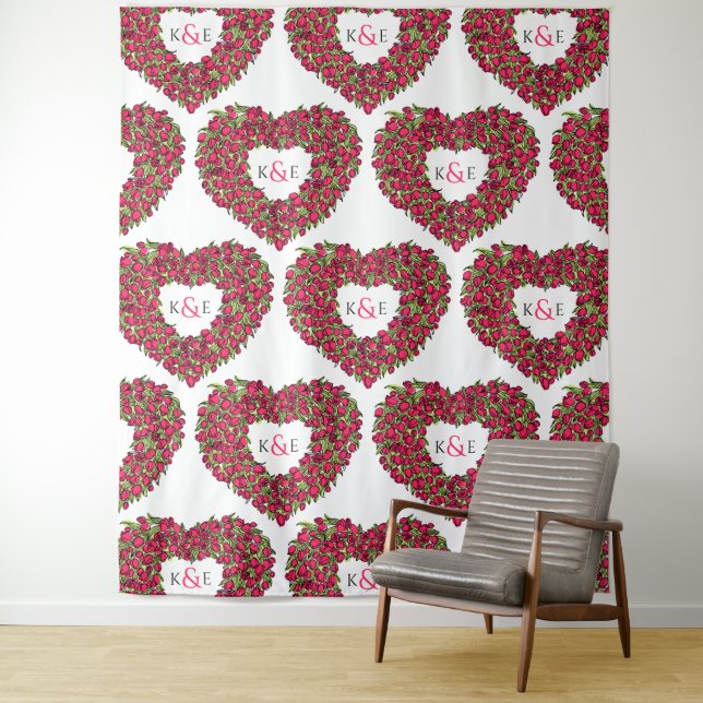 Tapiz Fondo de boda de tulipanes rojos monograma (In situ)