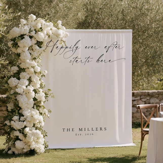 Tapiz Fondo de Boda Felices para Siempre Moderno (Black and white wedding outdoors tapestry backdrop Happily ever after starts here)