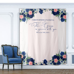 Tapiz Fondo de boda floral azul y coral Rosa Real
