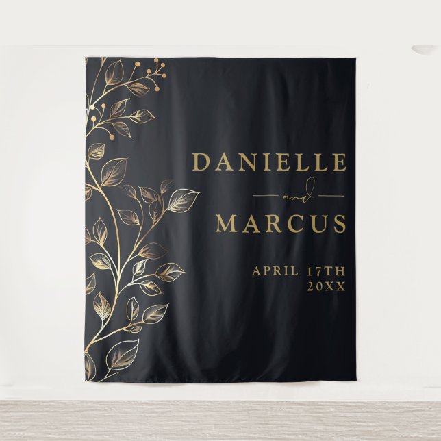 Tapiz Fondo De Boda Floral Dorado Elegante Moderno (Anverso)