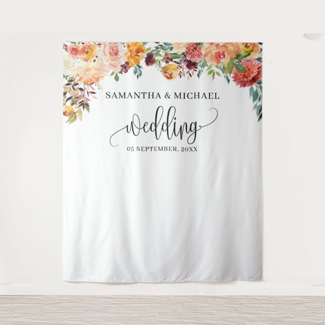 Tapiz Fondo de boda floral naranja burgundy Boho Blush (Anverso)