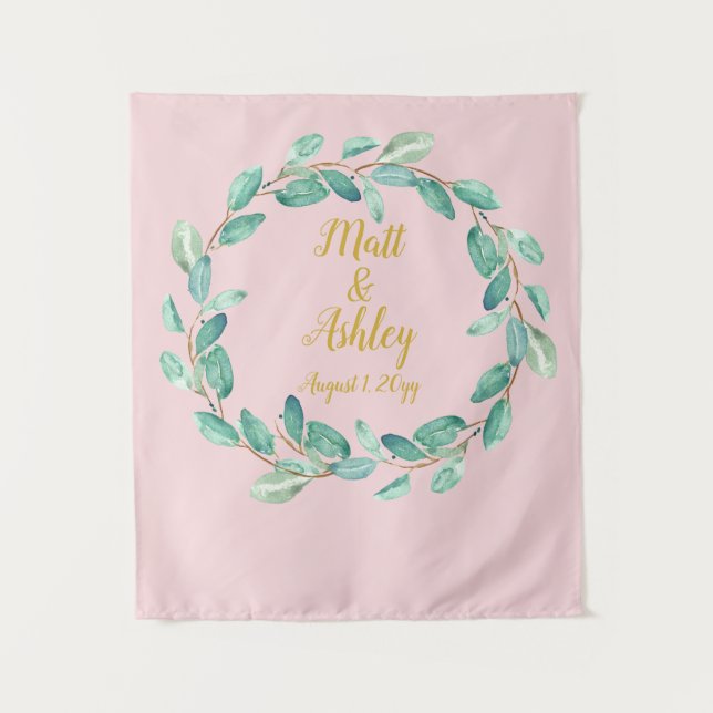 Tapiz Fondo de Boda rosa y dorado Foto Booth Greeneratio (Anverso)