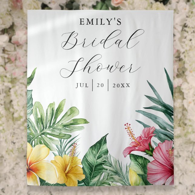 Tapiz Fondo de boda tropical floral acuarela (Watercolor Tropical Floral Bridal Shower Backdrop)