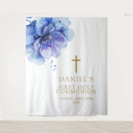 Tapiz Fondo de Comunión Solemne Floral Acuarela Azul