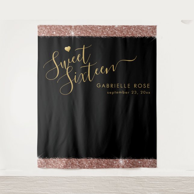 Tapiz Fondo de Confeti Brillo Rose Gold Negro Sweet 16 (Anverso)
