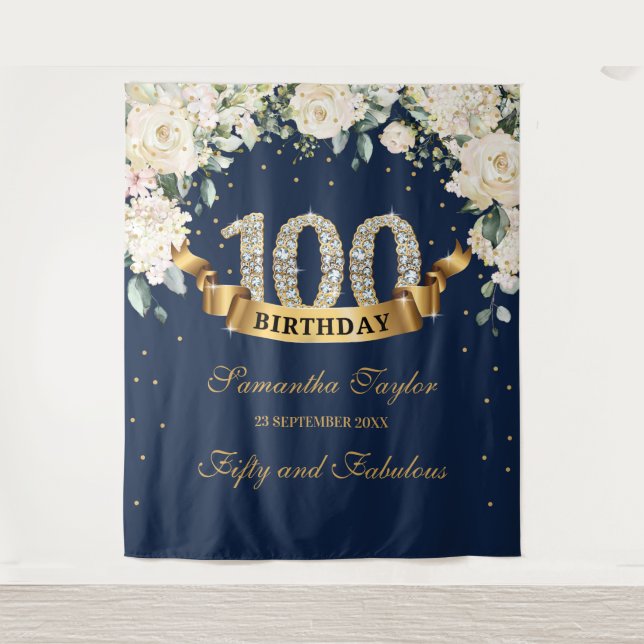 Tapiz Fondo de cumpleaños 100 Navy Gold Greenery Floral (Anverso)