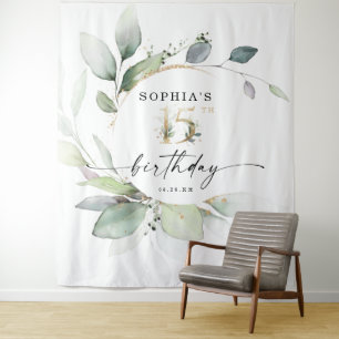 Tapiz Fondo de cumpleaños 15 Watercolor Greenery