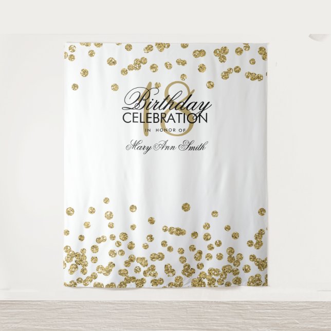 Tapiz Fondo de Cumpleaños 18 Dorado Blanco Confeti (Anverso)