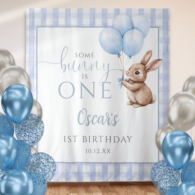 Tapiz Fondo de Cumpleaños 1er Cumpleaños de Bunny Blue B (Bunny Blue Balloons 1st Birthday Backdrop)