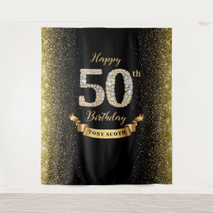 Tapiz Fondo de cumpleaños 50 de diamante negro y dorado