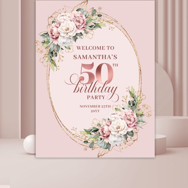 Tapiz Fondo de Cumpleaños 50 Rosa Suave con Dorado Rosa  (Soft Blush Pink Rose Gold 50th Birthday Backdrop)