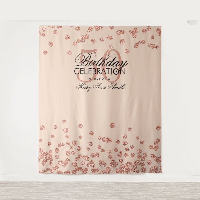 Tapiz Fondo de Cumpleaños 50 Rose Gold Blush Confeti (Anverso)