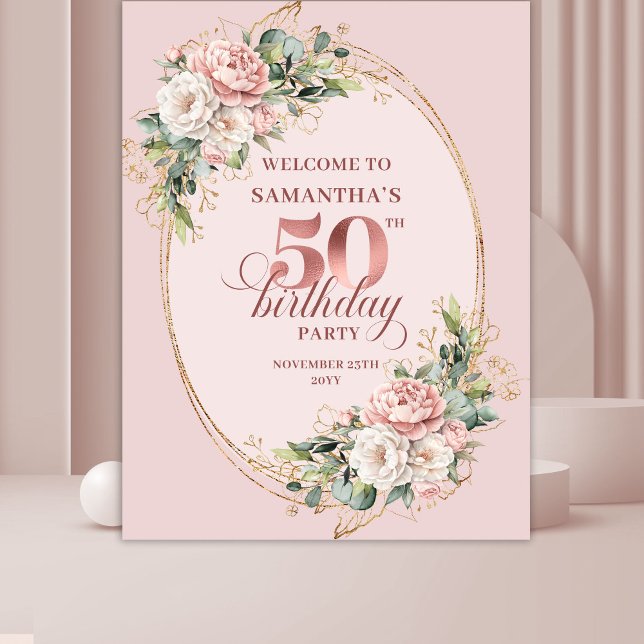 Tapiz Fondo de Cumpleaños 50 sofisticado con Rubor Flora (Sophisticated Blush Floral 50th Birthday Backdrop)