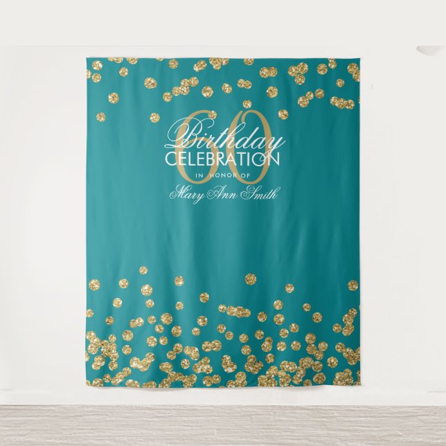 Tapiz Fondo de cumpleaños 60 dorado teal confeti (Anverso)