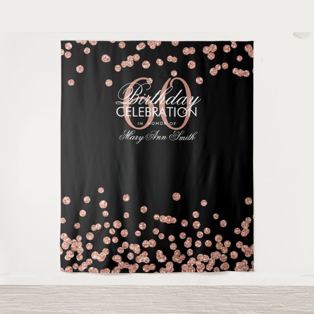 Tapiz Fondo de cumpleaños 60 Rose Gold Black Confetti (Anverso)