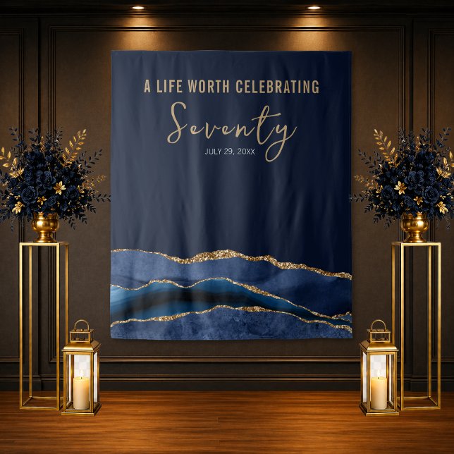 Tapiz Fondo de cumpleaños 70 navidad oro ágata (Navy gold 70th birthday backdrop with agate design for elegant luxury party setup)