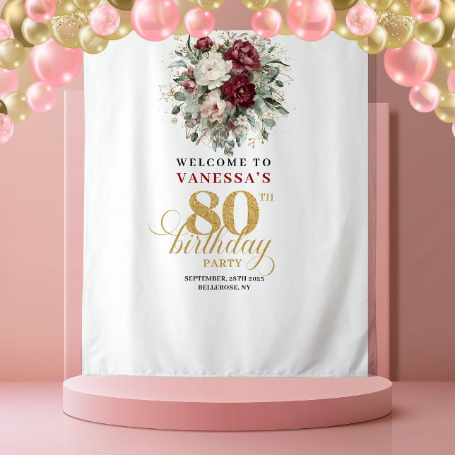 Tapiz Fondo de Cumpleaños 80 Bohemian Blush Floral (Bohemian Blush Floral 80th Birthday Backdrop)