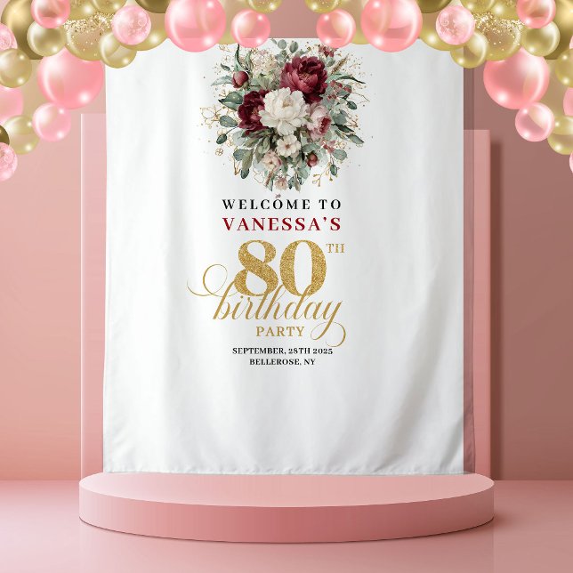 Tapiz Fondo de cumpleaños 80 Boho Blush Burgundy (Boho Blush Burgundy 80th Birthday Backdrop)