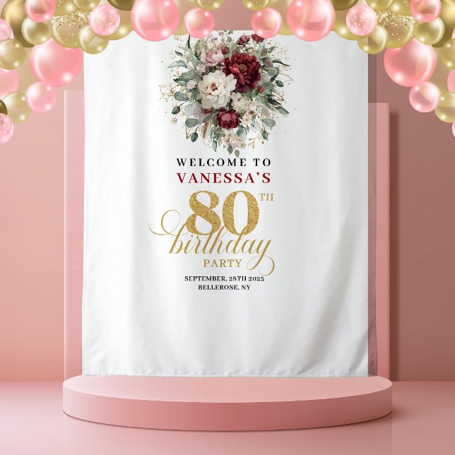 Tapiz Fondo de Cumpleaños 80 de Lujo Floral Dorado (Luxe Floral Gold 80th Birthday Backdrop)