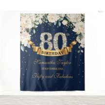 Fondo de cumpleaños 80 Navy Gold Greenery Floral